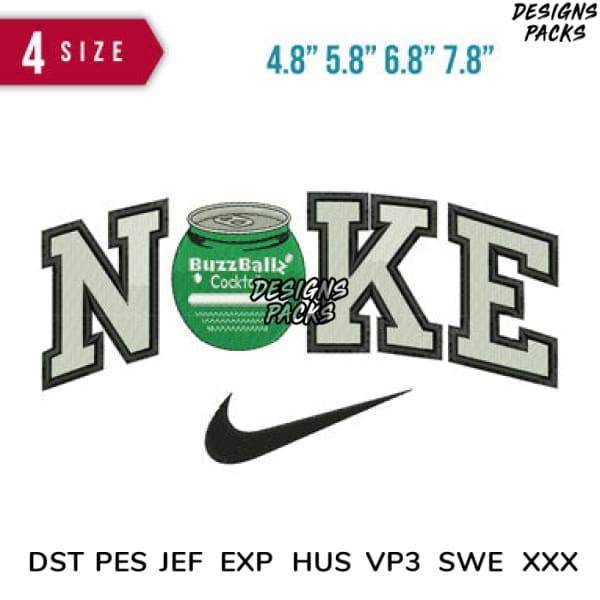 NOKE text design with BuzzBally can, Nike swoosh, 4 sizes, embroidery formats DST PES JEF EXP