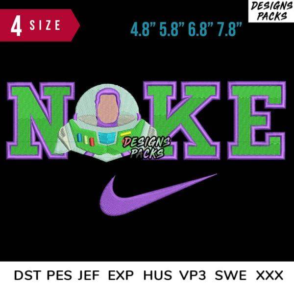 Embroidery design featuring Buzz Lightyear with NOKE text and Nike swoosh, available in multiple sizes and formats