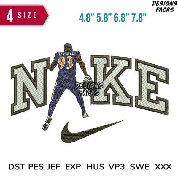 Embroidery design of football player with Nike logo, available in multiple sizes and formats