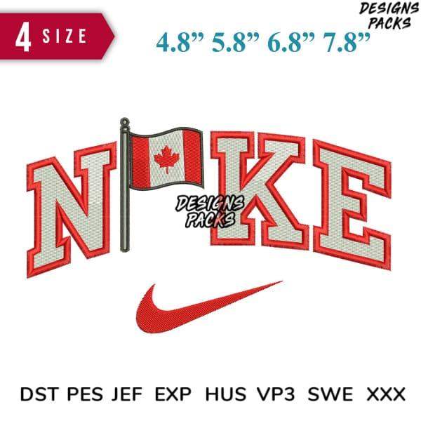 Nike-style embroidery design with Canadian flag, 4 sizes, DST PES JEF formats