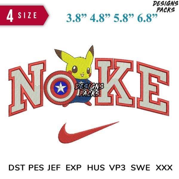 Pikachu holding Captain America shield with 'NOKE' text, embroidery design in 4 sizes, DST PES JEF formats