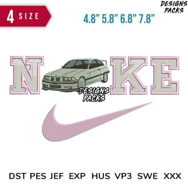 Embroidery design featuring car with 'NIKE' lettering and swoosh, 4 sizes, DST PES JEF formats