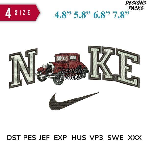 Embroidery design featuring vintage car with 'NIKE' text and swoosh, available in multiple sizes and formats