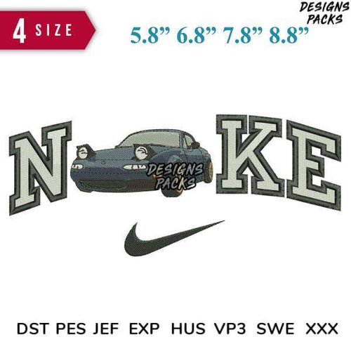 Embroidery design featuring car with 'NIKE' text and swoosh logo, available in multiple sizes and formats