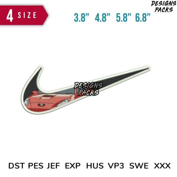 Embroidery design of red sports car in Nike swoosh shape, available in 4 sizes and multiple formats