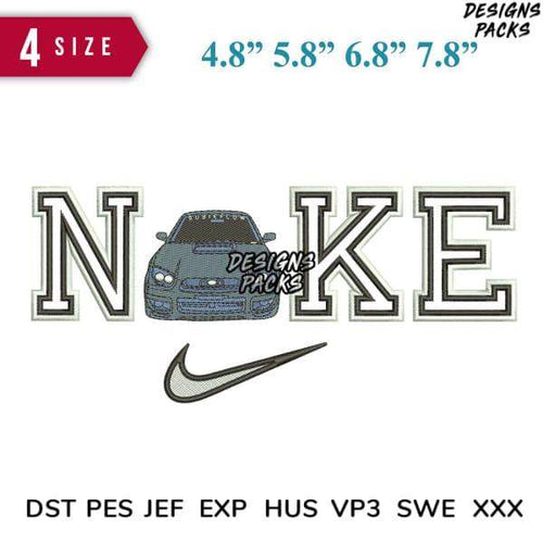 Embroidery design with car in 'NOKE' text, Nike swoosh, 4 sizes, DST PES formats for instant download