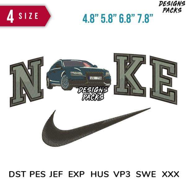 Embroidery design featuring car with 'NIKE' text and swoosh, available in PES, DST, EXP formats, 4 sizes