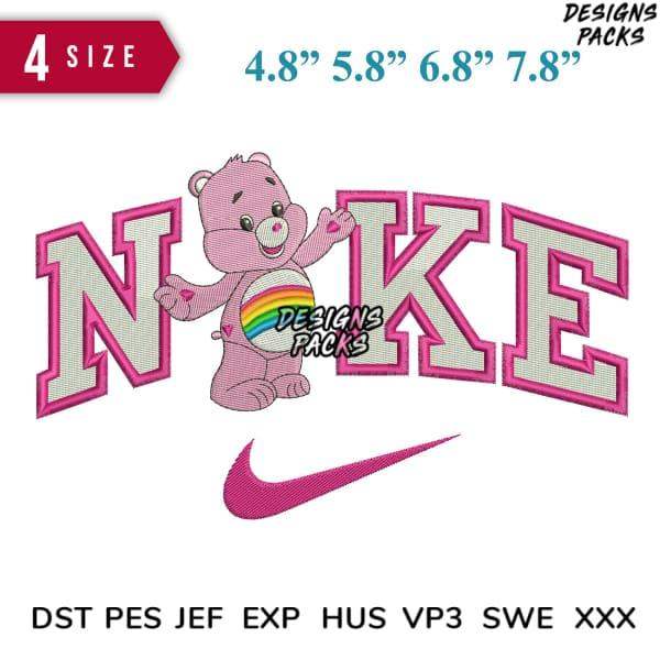 Pink Care Bear with rainbow holding 'NIKE' lettering, embroidery design in 4 sizes, PES DST formats