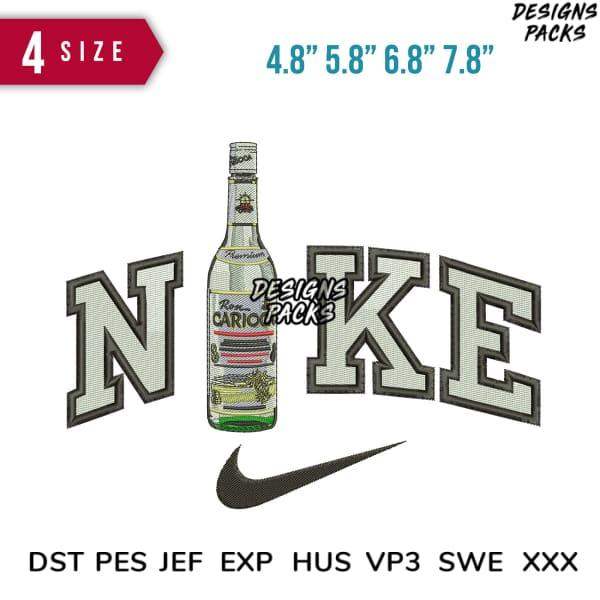 Embroidery design featuring 'NIKE' text with a bottle, available in multiple sizes and formats.
