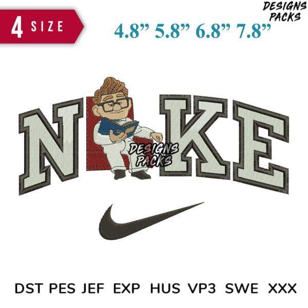 Embroidery design featuring 'NIKE' text with cartoon character, available in 4 sizes and multiple file formats