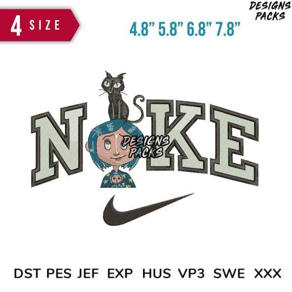 Embroidery design featuring cartoon girl with cat on head, Nike-style swoosh, and 'NOKE' text in 4 sizes