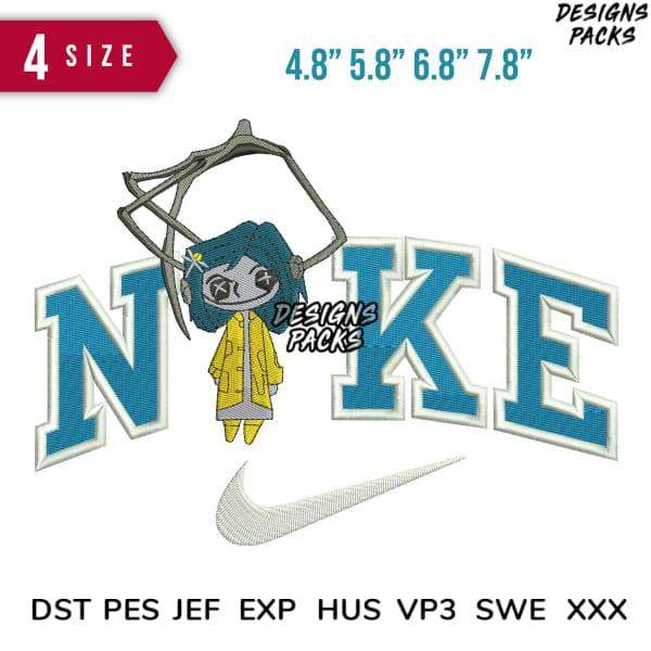 Embroidery design featuring cartoon character in yellow coat with 'NIKE' lettering, available in multiple sizes and formats
