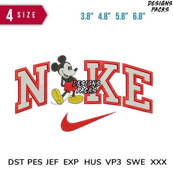 Mickey Mouse with Nike logo embroidery design in multiple sizes, compatible with DST PES formats