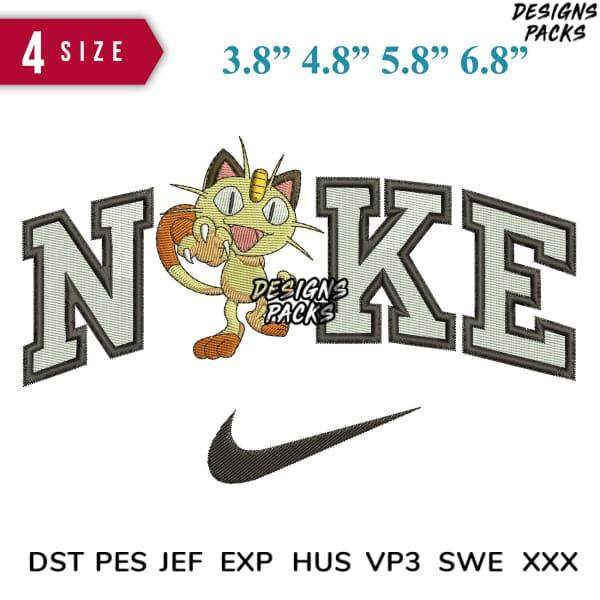 Embroidery design featuring Meowth with 'NOKE' text and Nike swoosh, available in 4 sizes and multiple formats.