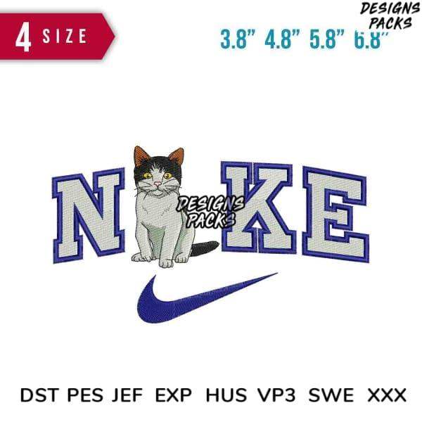 Embroidery design featuring a cat with 'NIKE' text and swoosh, available in multiple sizes and formats