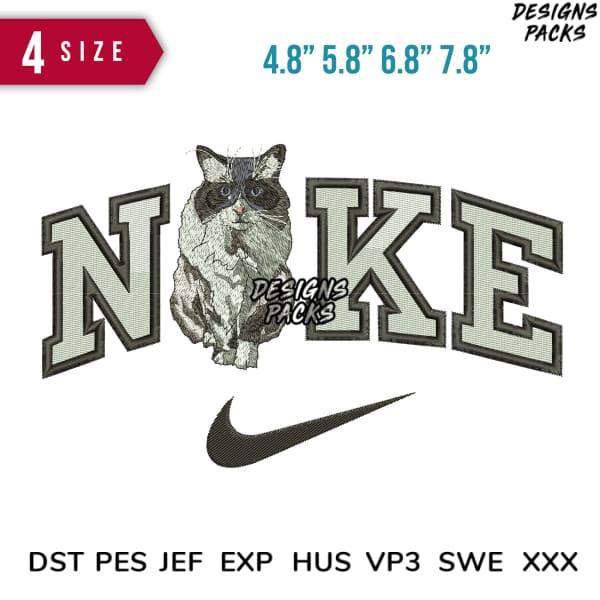 Embroidery design of cat with 'NOKE' text and swoosh, available in 4 sizes and multiple file formats