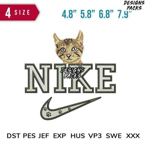 Embroidery design featuring cat face with Nike logo and swoosh, available in multiple sizes and formats