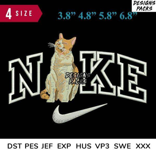 Embroidery design of cat with 'NAKE' text and swoosh, 4 sizes, PES DST formats