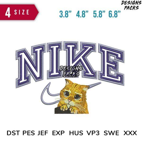 Embroidery design featuring cat with Nike-style text, available in multiple sizes and formats
