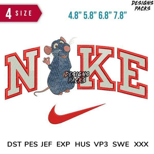 Embroidery design featuring cartoon rat with Nike-style lettering and swoosh, available in multiple sizes and formats