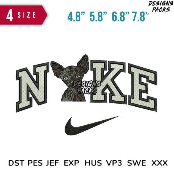 Embroidery design featuring cat in 'NIKE' text with swoosh, available in multiple sizes and formats