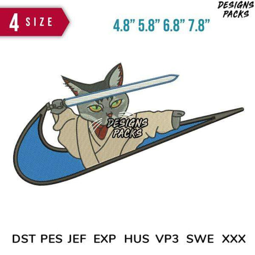 Cat ninja embroidery design with sword, 4 sizes, PES DST EXP formats for machine embroidery