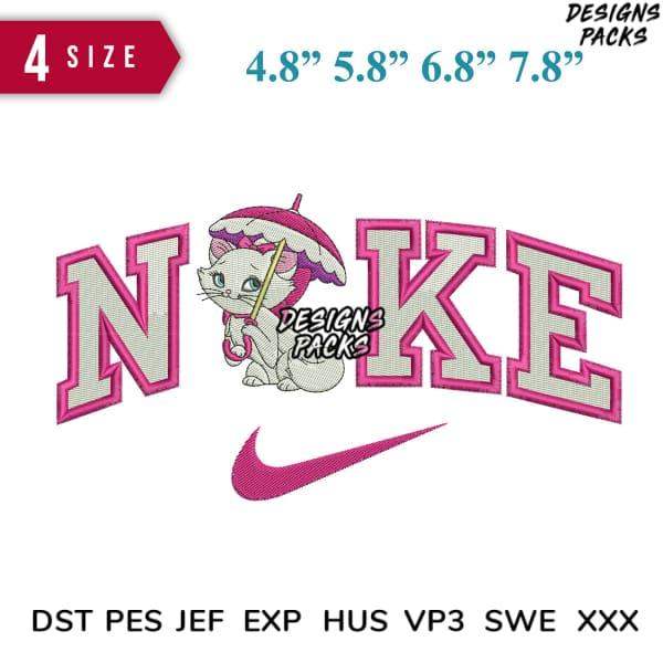 Cute cat with umbrella embroidery design in pink Nike-style lettering, 4 sizes, DST PES formats