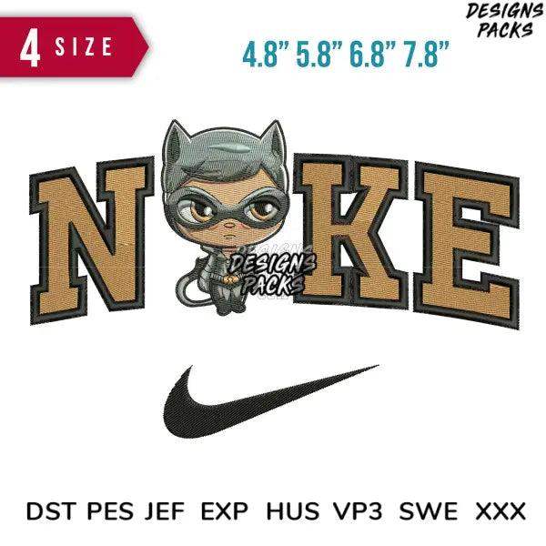 Swoosh Cat Woman Chibi Embroidery Design 4.8" 5.8" 6.8" 7.8"