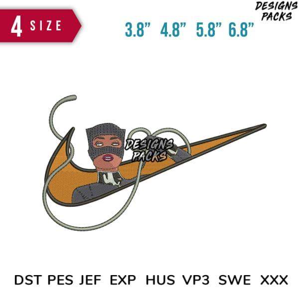 Embroidery design featuring a masked character in a swoosh, available in multiple sizes and formats.