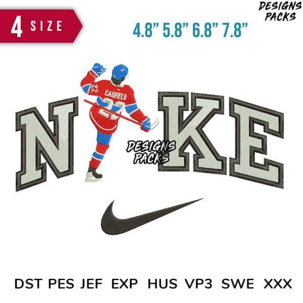 Hockey player embroidery design with Nike-style lettering, 4 sizes, DST PES formats for instant download