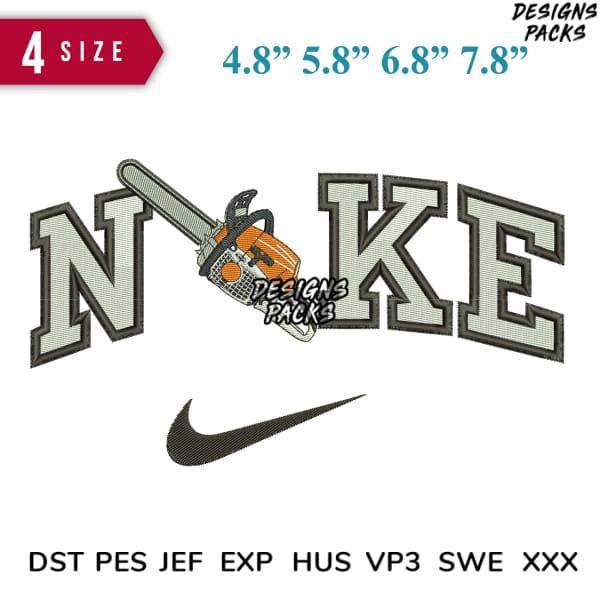 Embroidery design with chainsaw in 'N' letter, 4 sizes, PES DST formats, print-ready for apparel