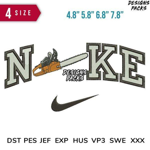 Embroidery design featuring 'N-KE' with chainsaw graphic, Nike swoosh, 4 sizes, DST PES formats