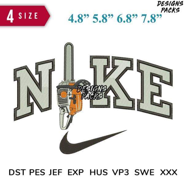 Embroidery design with chainsaw in 'NIKE' text, 4 sizes, DST PES JEF formats, print-ready for apparel