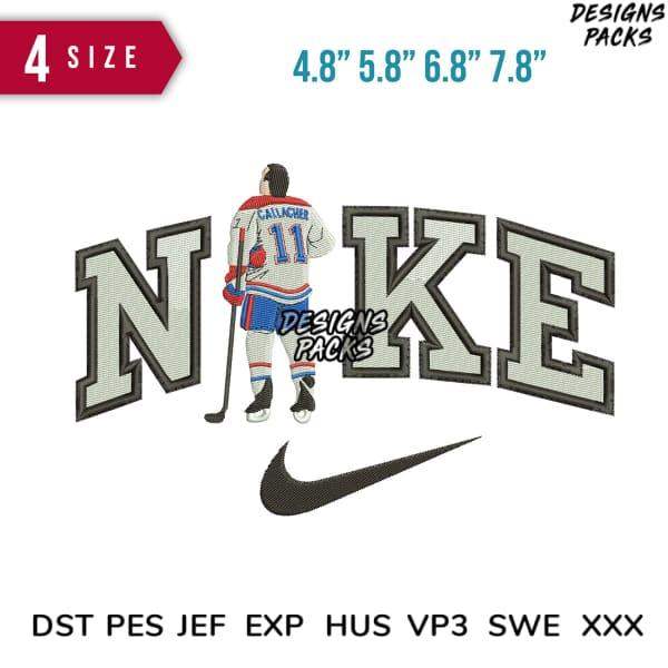Hockey player embroidery design with Nike logo, available in multiple sizes and formats for instant download.