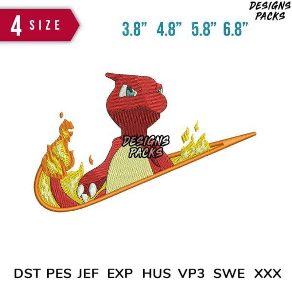 Charmander embroidery design in 4 sizes, PES DST JEF formats, flame tail, print-ready for DTG/DTF