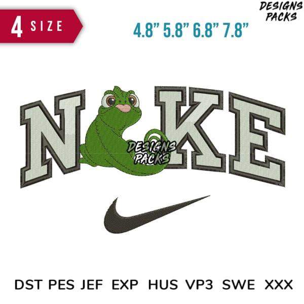 Embroidery design featuring a green frog with 'NOKE' text and Nike swoosh, available in multiple sizes and formats.