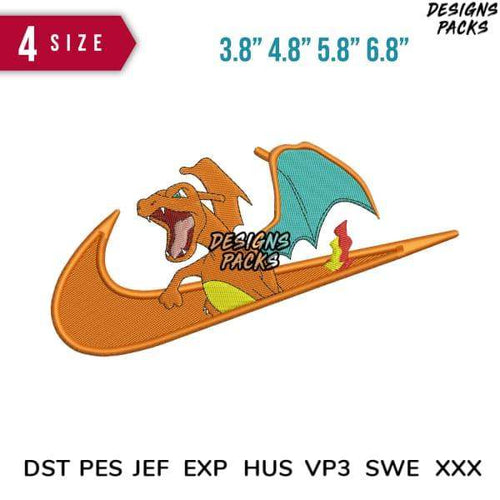 Dragon embroidery design in Nike swoosh, 4 sizes, DST PES JEF formats for instant download
