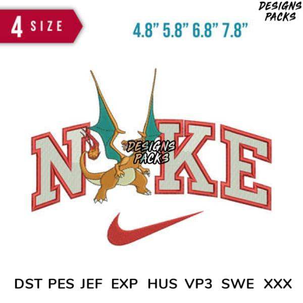 Embroidery design featuring dragon over 'NIKE' text with Nike swoosh, available in multiple sizes and formats