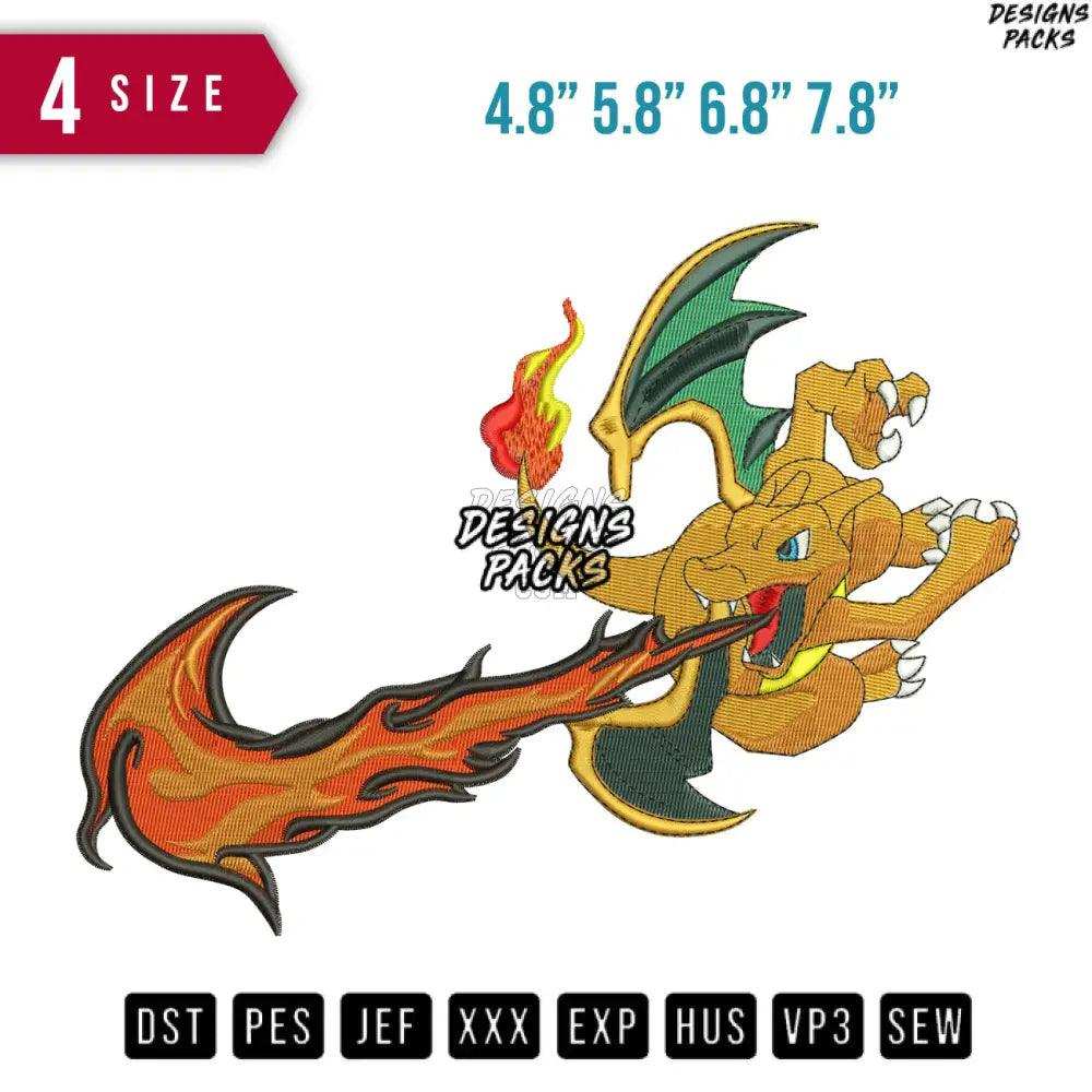 Swoosh Charizard Fire Poke Ball Embroidery Design
