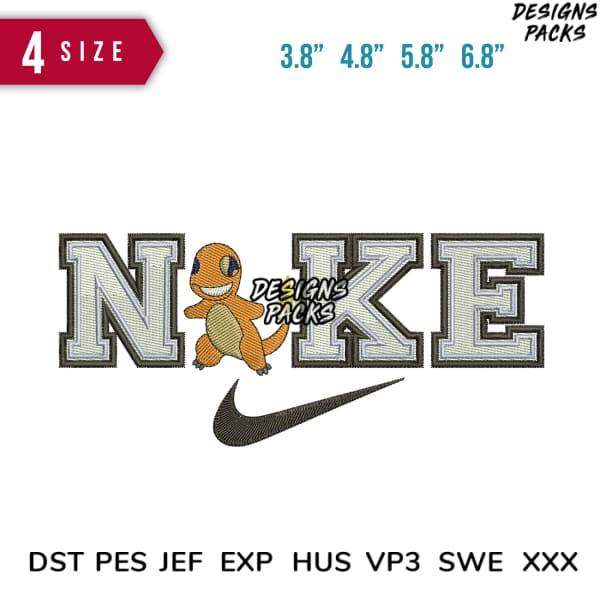 Embroidery design featuring Charmander with 'NOKE' text and Nike swoosh, available in multiple sizes and formats.