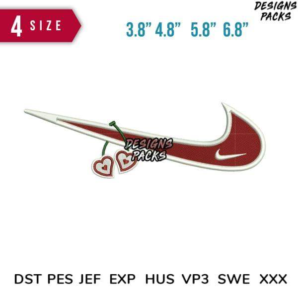 Red Nike swoosh with heart cherries embroidery design, 4 sizes, PES DST JEF formats