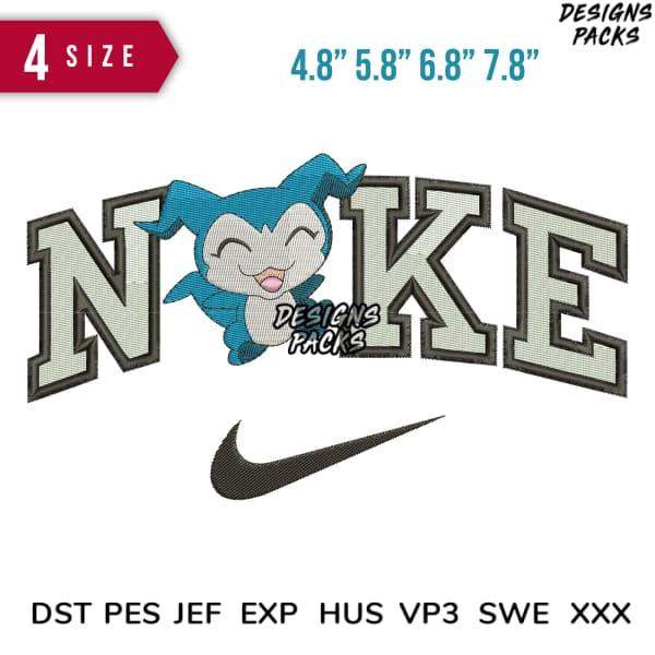 Embroidery design featuring cute blue character with 'NOKE' text and Nike swoosh, available in 4 sizes and multiple formats