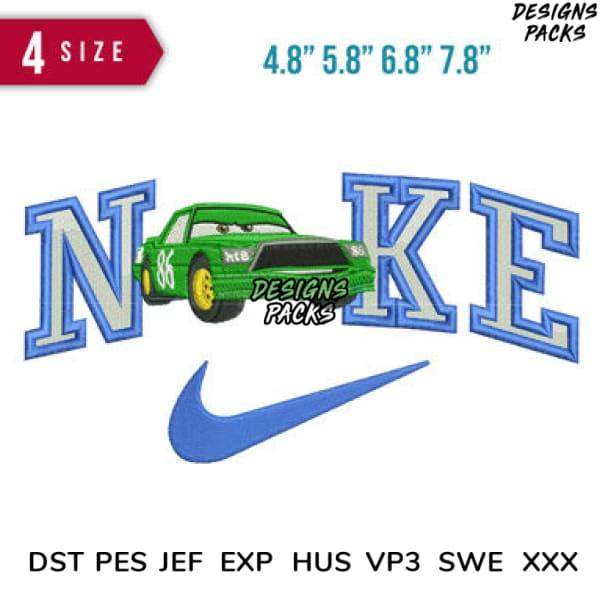 Embroidery design featuring green race car with 'NIKE' text and swoosh, available in multiple sizes and formats