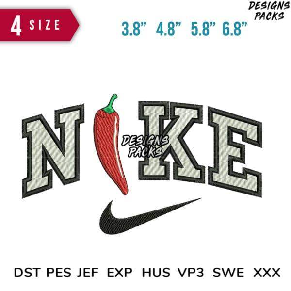 Embroidery design featuring chili pepper and Nike logo in 4 sizes, compatible with DST, PES, JEF formats.