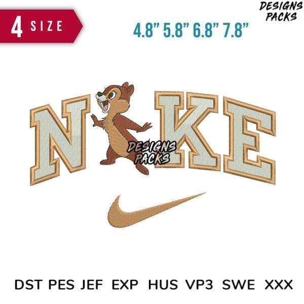 Embroidery design featuring cartoon chipmunk with 'NIKE' lettering and swoosh, available in multiple sizes and formats