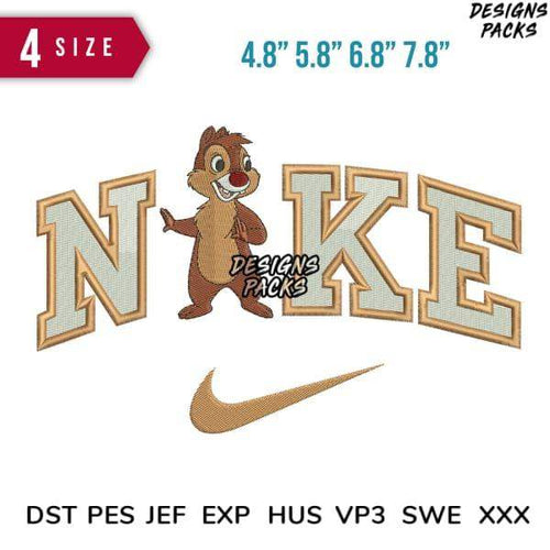 Embroidery design featuring chipmunk with 'NAKE' text and Nike swoosh, available in multiple sizes and formats.