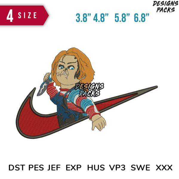 Chucky horror character embroidery design in Nike swoosh, 4 sizes, PES DST formats for machine embroidery