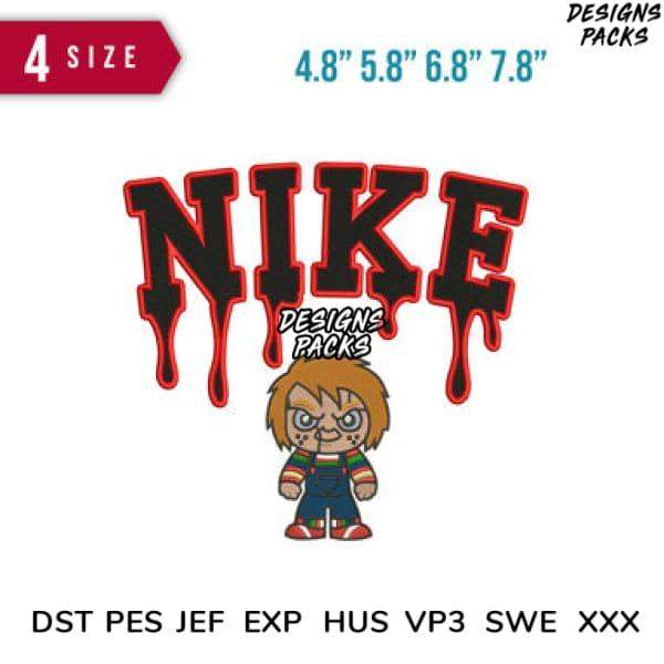Chucky-inspired embroidery design with dripping 'NIKE' text, available in 4 sizes and multiple file formats