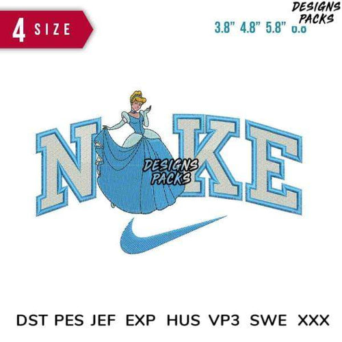 Cinderella embroidery design with Nike logo, 4 sizes, PES DST JEF formats for instant download