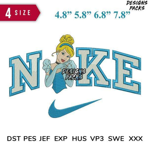 Cinderella-inspired embroidery design with Nike logo, available in multiple sizes and formats